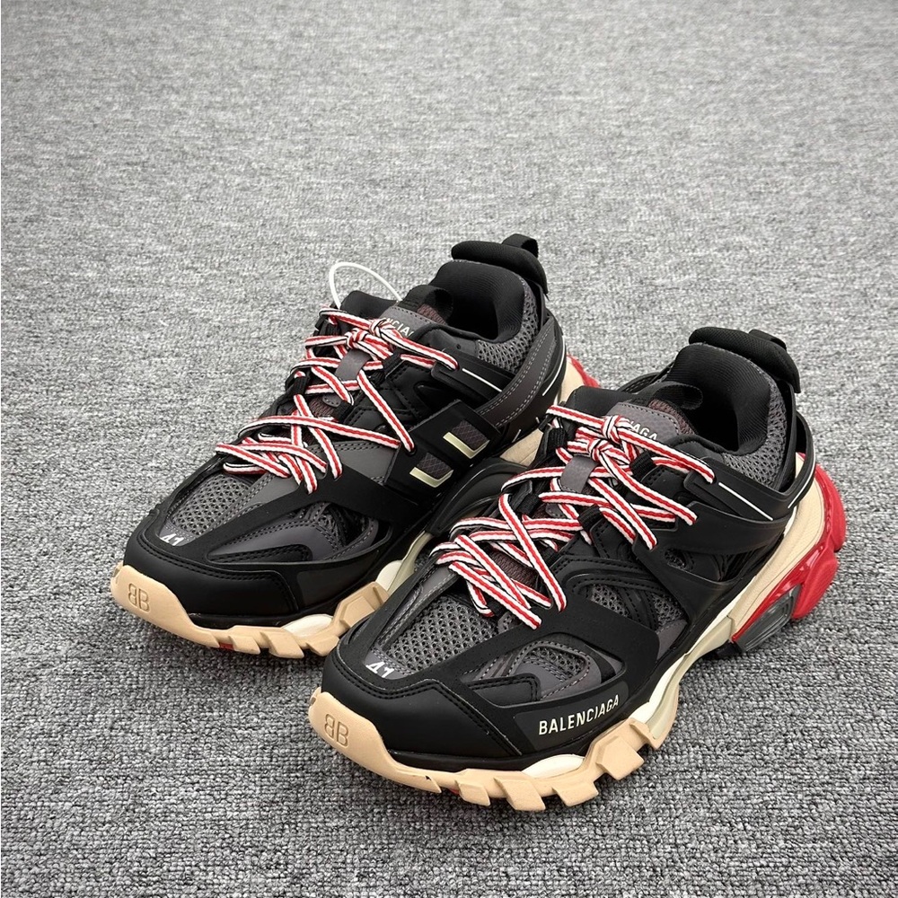 Balenciaga Black, Red & Beige Track Leather Mesh Sneakers - Picture 3 of 9
